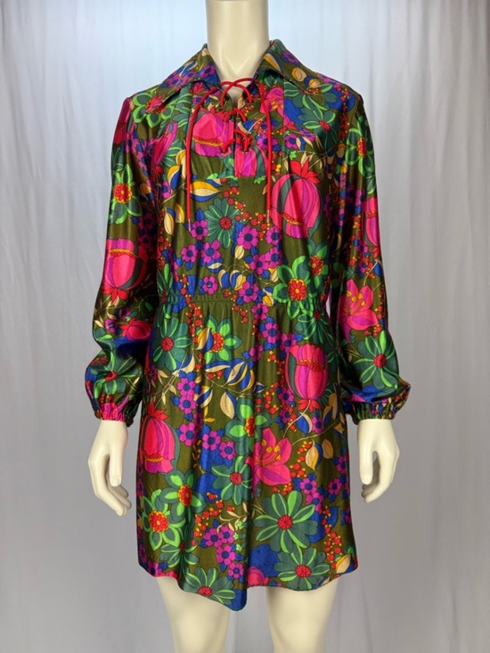 Vintage Dresses & Skirts - Vintage 60s 70s Mod Floral Mini Dress Boho Psychedelic Lace-Up Neck Long Sleeve
